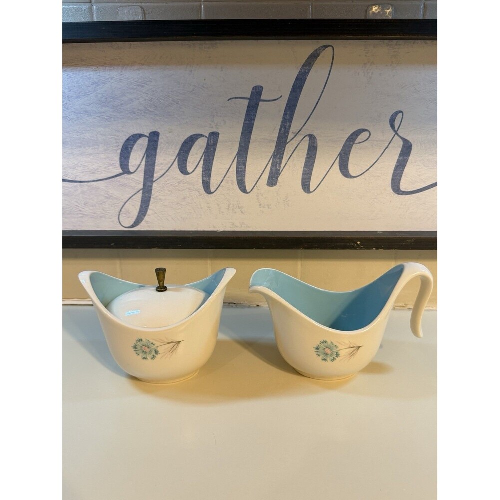 Taylor Smith & Taylor Boutonniere Creamer & Sugar Bowl White w/ Blue Flowers MCM